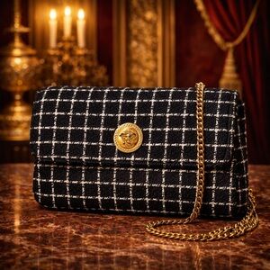 Versace Medusa Black and White Checkered Tweed Crossbody Women's Clutch Bag